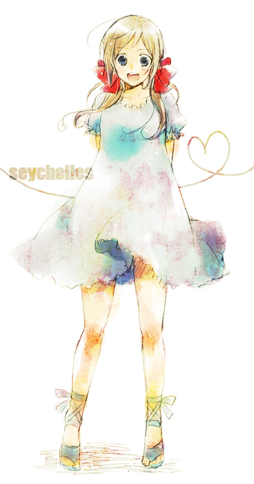 kh, seychelles (hetalia), axis powers hetalia, 1girl, arms behind back, blue eyes, blush, brown hair, dress, female focus, hair ribbon, long hair, open mouth, ribbon, skirt, smile, solo, twintails, white dress, white skirt