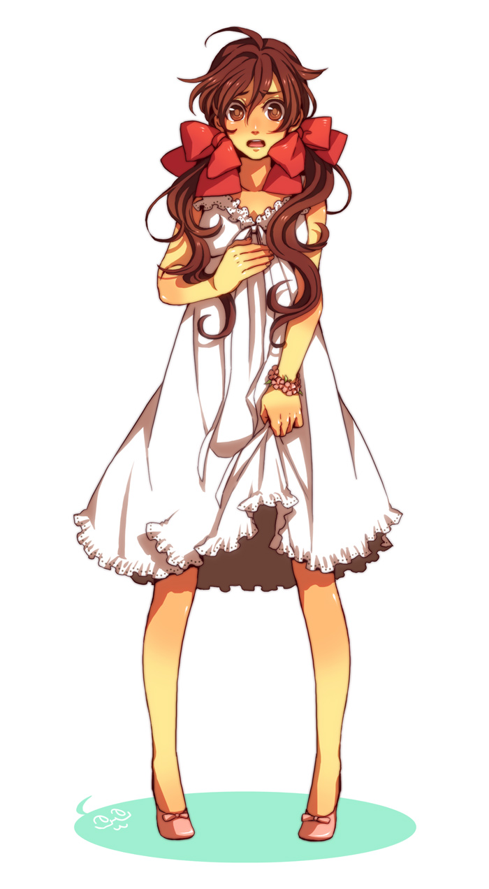 circus66, seychelles (hetalia), axis powers hetalia, bad id, bad pixiv id, highres, 1girl, blush, bracelet, brown eyes, brown hair, clothes grab, dress, dress grab, female focus, flower, hair ribbon, jewelry, long hair, open mouth, ribbon, skirt, skirt grab, solo, twintails, white dress, white skirt