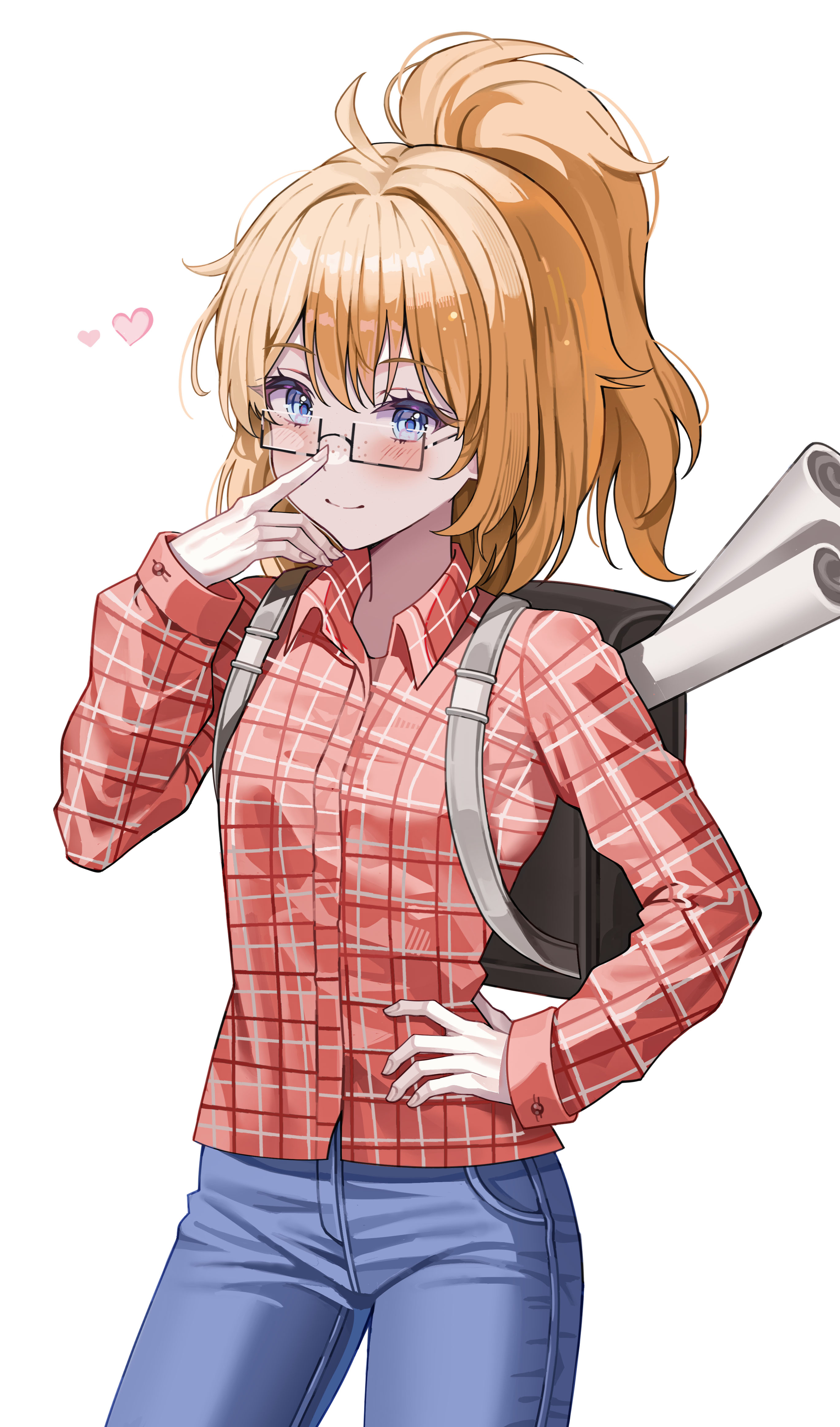 mahyo, absurdres, character request, commentary, copyright request, highres, 1girl, backpack, bag, black-framed eyewear, blonde hair, blue eyes, blue pants, blush, closed mouth, collared shirt, cowboy shot, denim, double-parted bangs, fingernails, freckles, glasses, hand on own hip, hand up, heart, high ponytail, index finger raised, jeans, long hair, looking at viewer, pants, plaid clothes, plaid shirt, ponytail, rectangular eyewear, red shirt, semi-rimless eyewear, shirt, simple background, smile, solo, standing, white background