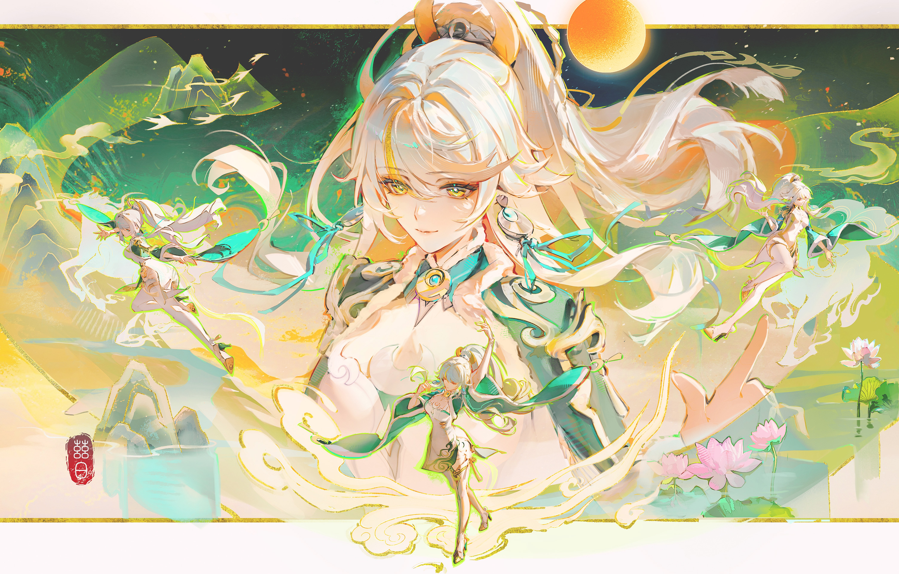 yunmaojan, zibai (genshin impact), genshin impact, hashtag-only commentary, highres, 1girl, blonde hair, braid, breasts, chinese clothes, closed mouth, crescent, crescent hair ornament, earrings, full body, fur trim, grey hair, hair ornament, high ponytail, jewelry, long hair, long sleeves, multicolored hair, multiple views, ponytail, smile, streaked hair, thighhighs, two-tone hair, white hair, wide sleeves, yellow eyes