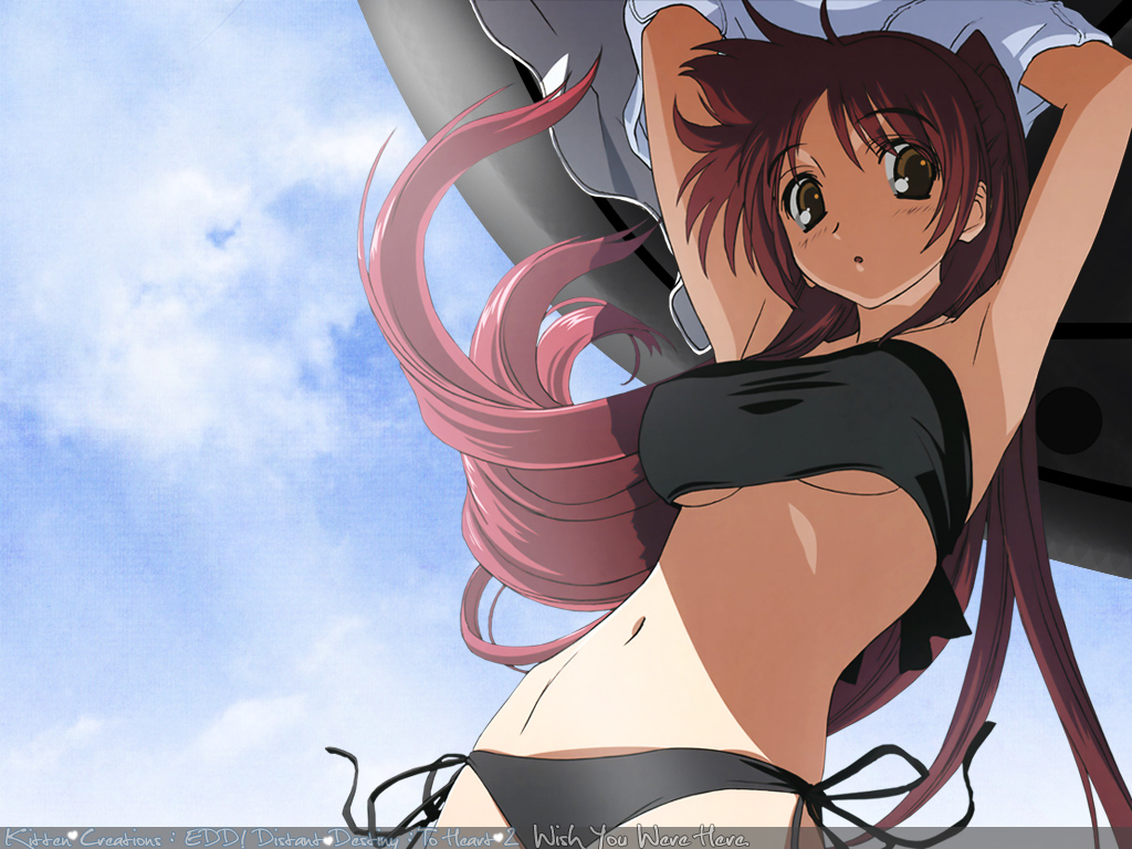 kousaka tamaki, to heart (series), to heart 2, 1girl, arms up, bikini, black bikini, breasts, clothes lift, female focus, long hair, red hair, shade, shirt lift, solo, swimsuit, underboob, yellow eyes
