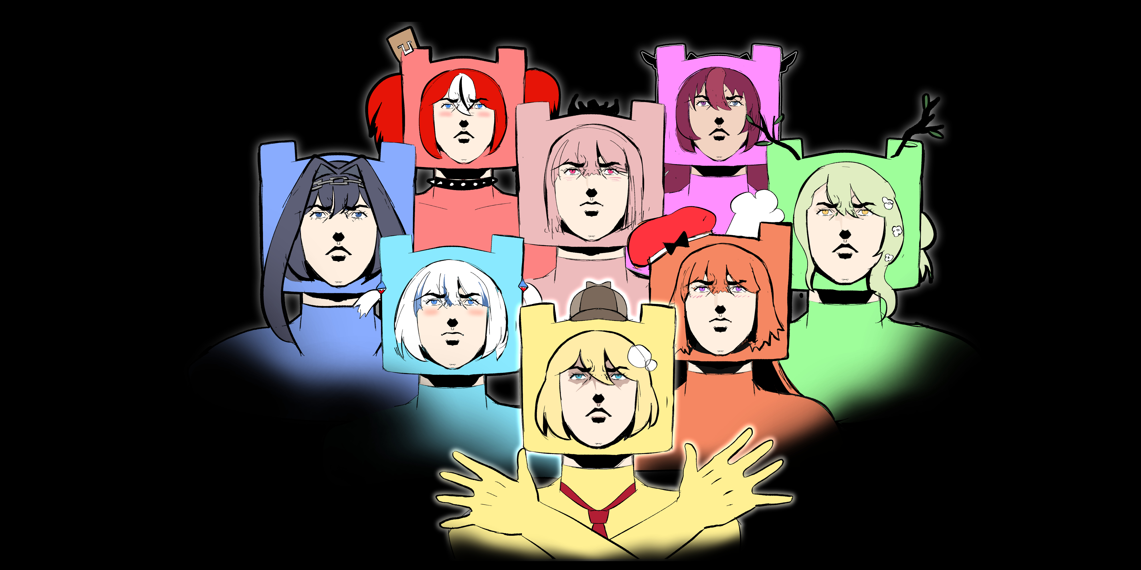 minchi (anda), ceres fauna, gawr gura, hakos baelz, irys (hololive), mori calliope, ouro kronii, takanashi kiara, watson amelia, bohemian rhapsody, hololive, hololive english, pico park, queen (band), absurdres, commentary request, highres, korean commentary, 6+girls, antlers, beret, black background, black crown, blonde hair, blue eyes, blue hair, blue streaks, blush, chain, chain hairband, chef hat, collar, comically serious, cosplay, crossed arms, crown, deerstalker, demon horns, flower, grey hair, hair flower, hair ornament, hat, heterochromia, horns, medium hair, monocle, mousetrap, multiple girls, multiple hats, necktie, orange hair, outline, parody, pink eyes, pink hair, purple eyes, purple hair, red hair, red hat, red necktie, shark hair ornament, short hair, short twintails, simple background, sketch, spiked collar, spikes, twintails, white flower, white hair, white streaks, yellow eyes