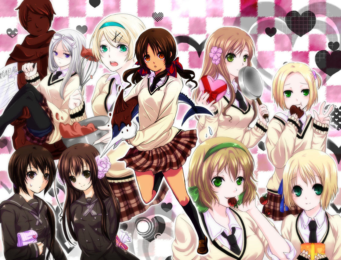 suishou (light-moon), belarus (hetalia), belgium (hetalia), hungary (hetalia), liechtenstein (hetalia), poland (hetalia), russia (hetalia), seychelles (hetalia), taiwan (hetalia), ukraine (hetalia), vietnam (hetalia), axis powers hetalia, silver hair, bad id, bad pixiv id, 1boy, 6+girls, blonde hair, brown eyes, brown hair, chocolate, crossdressing, dark skin, eating, fish, flower, green eyes, hair bobbles, hair flower, hair ornament, hair ribbon, hairband, hairclip, heart, kneehighs, knife, long hair, multiple girls, necktie, ponytail, purple eyes, ribbon, school uniform, short hair, side ponytail, smile, socks, sweater, swordfish, tears, trap, twintails, v, valentine
