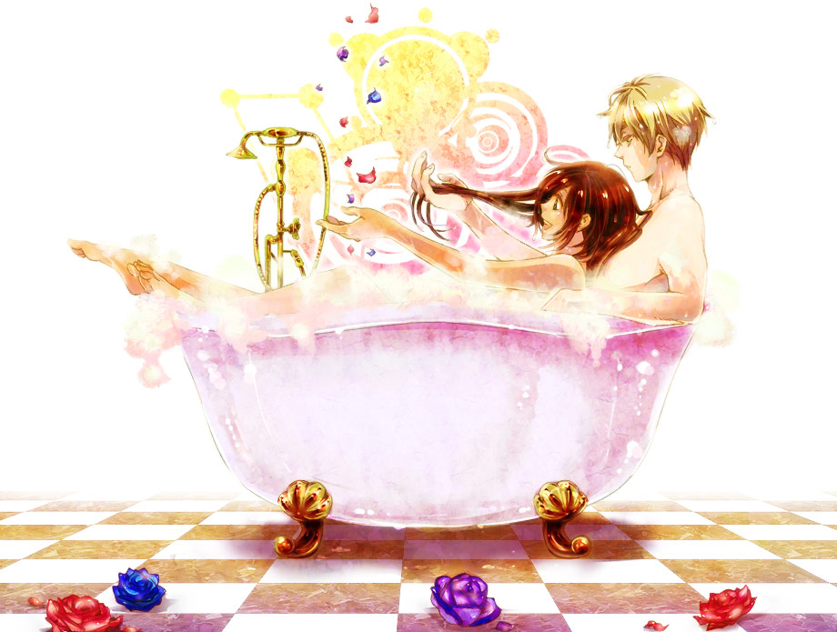 dasmor (pixiv), gaku (worldend), seychelles (hetalia), united kingdom (hetalia), axis powers hetalia, bad id, 1boy, 1girl, alternate hairstyle, arm up, barefoot, bath, bath kick, bathing, bathtub, blonde hair, blue flower, blue rose, brown eyes, brown hair, bubble bath, checkered floor, claw foot bathtub, colored eyelashes, couple, dark skin, expressionless, feet, floor, flower, foam, green eyes, hair down, happy, hetero, long hair, mixed-sex bathing, nude, open mouth, outstretched arm, perspective, petals, pink bubble bath, purple flower, purple rose, red flower, red rose, rose, ruffling hair, shared bathing, short hair, sitting, sitting on person, smile, teeth, thick eyebrows, water, wet, white theme