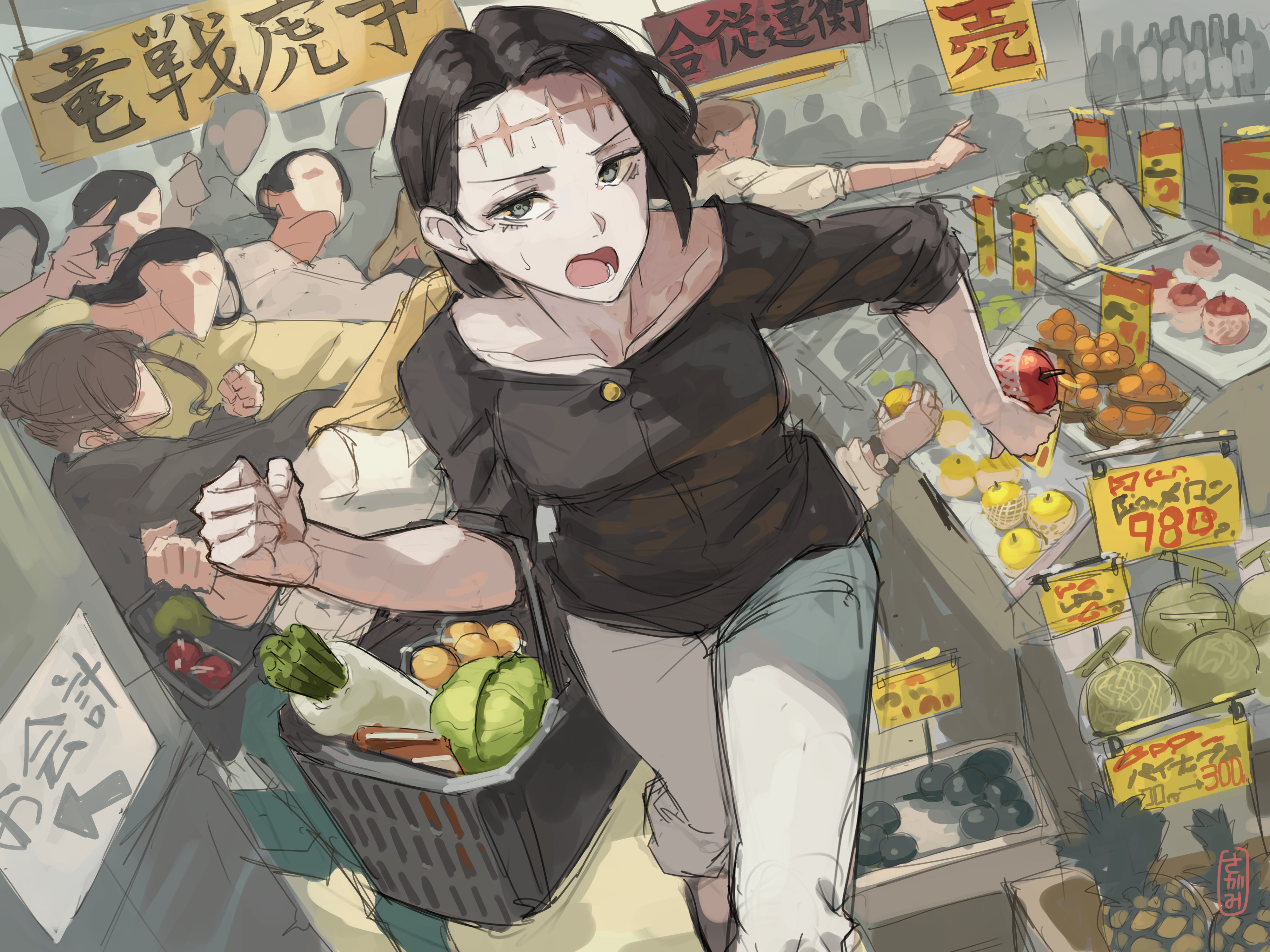 kakapyramid, itadori kaori, kenjaku, jujutsu kaisen, absurdres, commentary request, highres, 6+girls, apple, basket, black hair, black shirt, cabbage, clenched hand, collarbone, daikon, food, fruit, holding, holding basket, holding food, holding fruit, indoors, looking at viewer, melon, multiple girls, open mouth, orange (fruit), panties, pineapple, radish, scar, scar on face, scar on forehead, shirt, shopping basket, short hair, solo focus, supermarket, sweatdrop, underwear, white panties