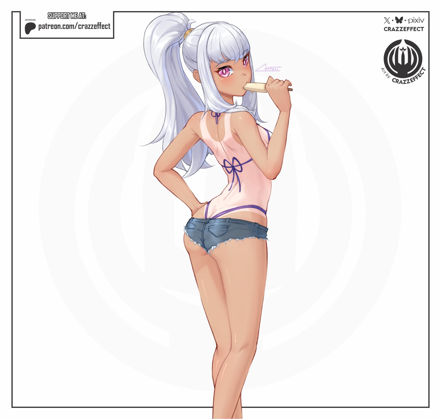 crazzeffect, lysithea von ordelia, fire emblem, fire emblem: three houses, nintendo, commentary, english commentary, highres, 1girl, alternate costume, alternate hairstyle, ass, bare arms, bare back, bare legs, bare shoulders, bikini, blush, breasts, bright pupils, butt crack, cutoffs, feet out of frame, food, from behind, hand on own hip, holding, holding food, holding popsicle, long hair, looking at viewer, looking back, micro shorts, pink eyes, ponytail, popsicle, purple bikini, short shorts, shorts, sideboob, small breasts, solo, standing, swimsuit, tan, tanline, thighs, underbutt, white background, white hair, white pupils