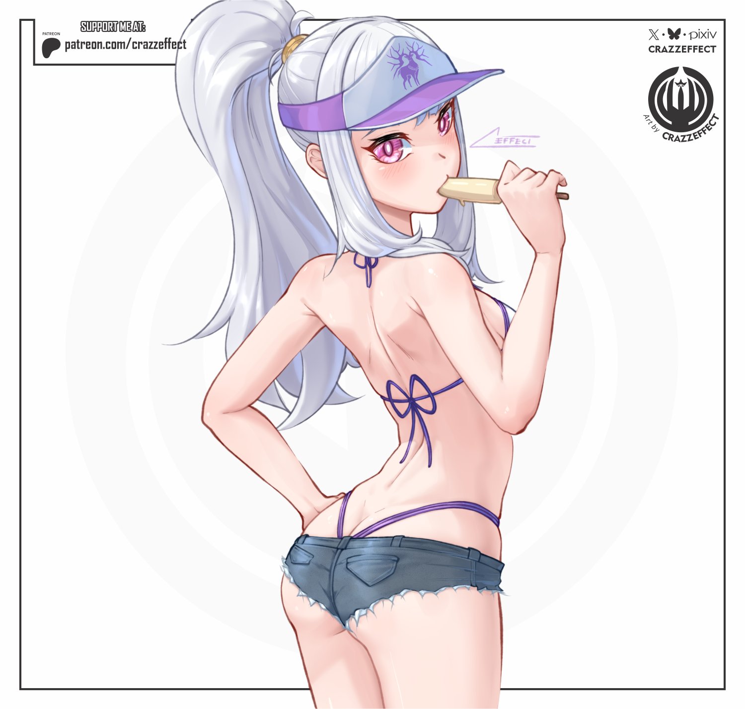 crazzeffect, lysithea von ordelia, fire emblem, fire emblem: three houses, nintendo, commentary, english commentary, highres, 1girl, alternate costume, alternate hairstyle, ass, bare arms, bare back, bare shoulders, bikini, blush, breasts, bright pupils, butt crack, cowboy shot, cutoffs, food, from behind, hand on own hip, holding, holding food, holding popsicle, long hair, looking at viewer, looking back, micro shorts, pink eyes, ponytail, popsicle, purple bikini, short shorts, shorts, sideboob, small breasts, solo, standing, swimsuit, thighs, underbutt, visor cap, white background, white hair, white pupils