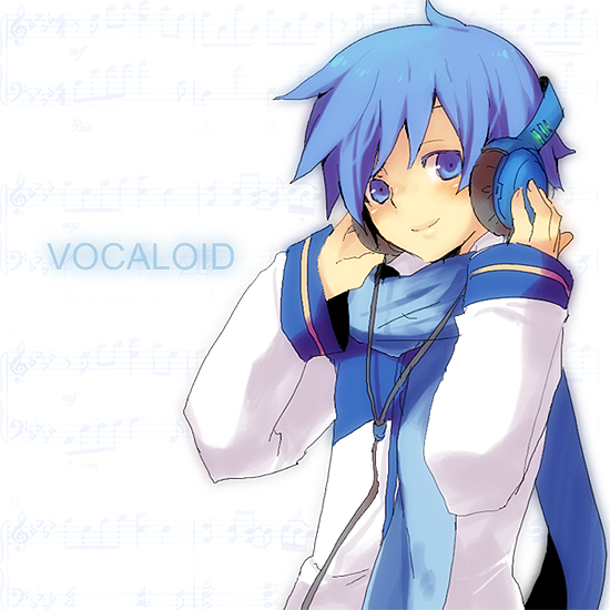 kl (dgzonbi), kaito (vocaloid), vocaloid, 1boy, blue eyes, blue hair, blue scarf, headphones, male focus, matching hair/eyes, scarf, solo