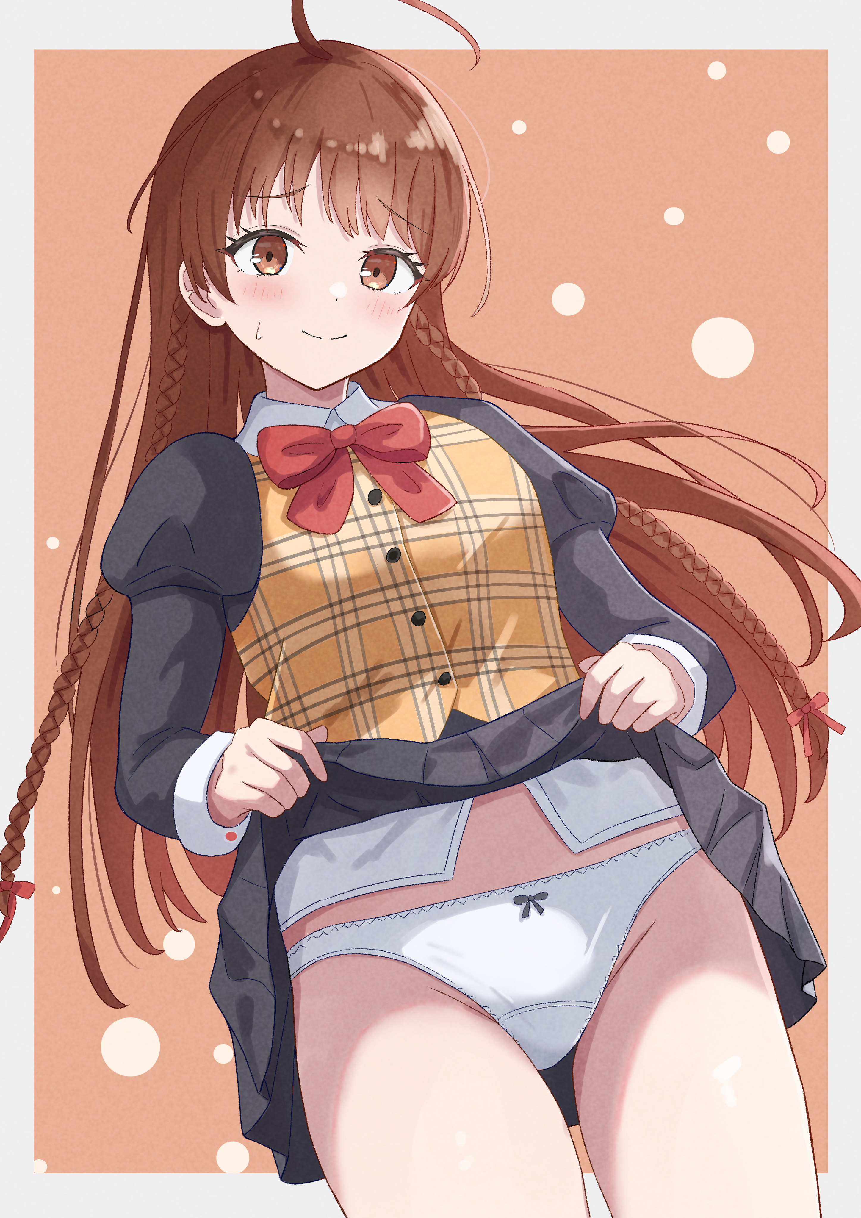 azakura (beniyomogi), karen (sister princess), sister princess, absurdres, commentary request, commission, highres, pixiv commission, variant set, 1girl, ahoge, black shirt, black skirt, blush, border, bow, bow panties, bowtie, braid, brown background, brown eyes, brown hair, brown vest, choppy bangs, closed mouth, clothes lift, cowboy shot, crotch seam, groin, juliet sleeves, lifting own clothes, long hair, long sleeves, looking at viewer, outside border, panties, plaid clothes, plaid vest, puffy sleeves, raised inner eyebrows, red bow, red bowtie, shirt, side braids, skirt, skirt lift, small sweatdrop, smile, solo, split mouth, standing, straight hair, underwear, vest, white border, white panties