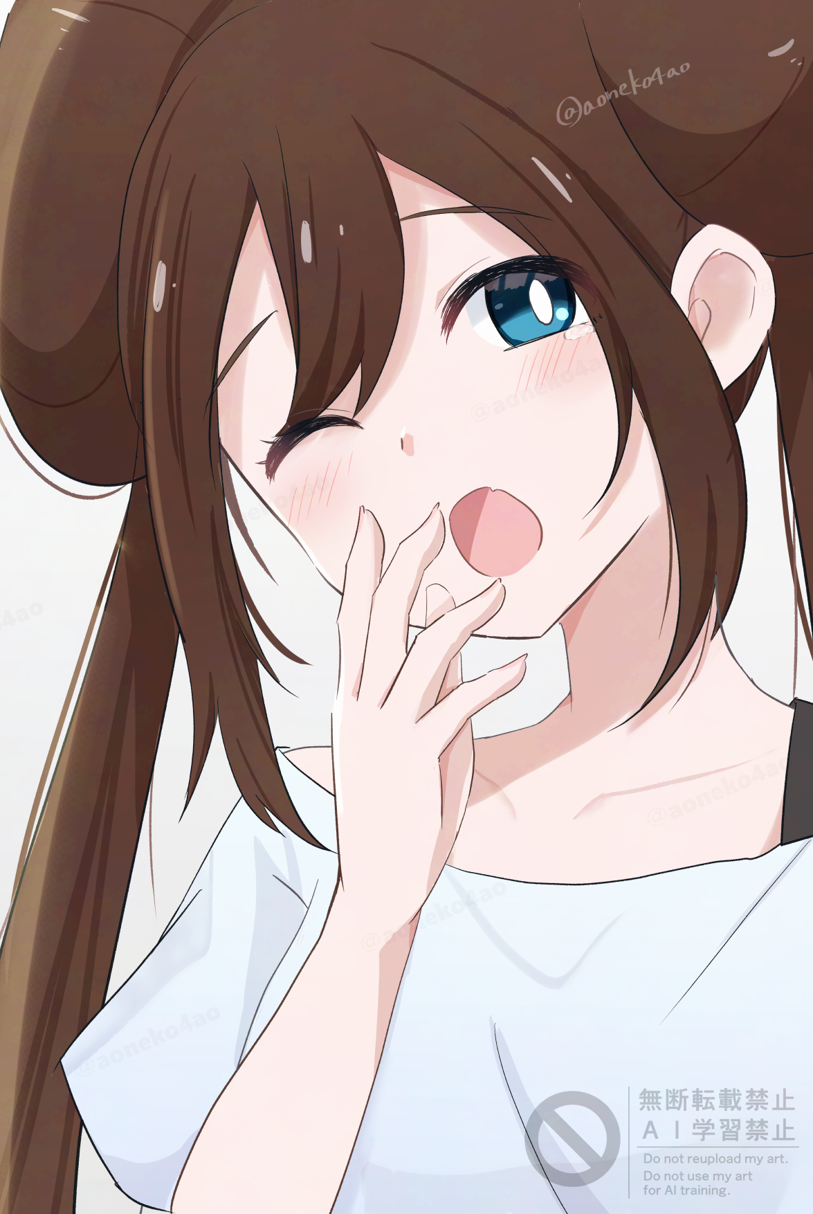 aoneko4ao (edwf7745), rosa (pokemon), nintendo, pokemon, pokemon bw2, commentary request, highres, 1girl, ;o, alternate costume, blue eyes, bright pupils, brown hair, collarbone, hand up, long hair, one eye closed, open mouth, shirt, sidelocks, solo, twintails, upper body, watermark, white pupils, white shirt