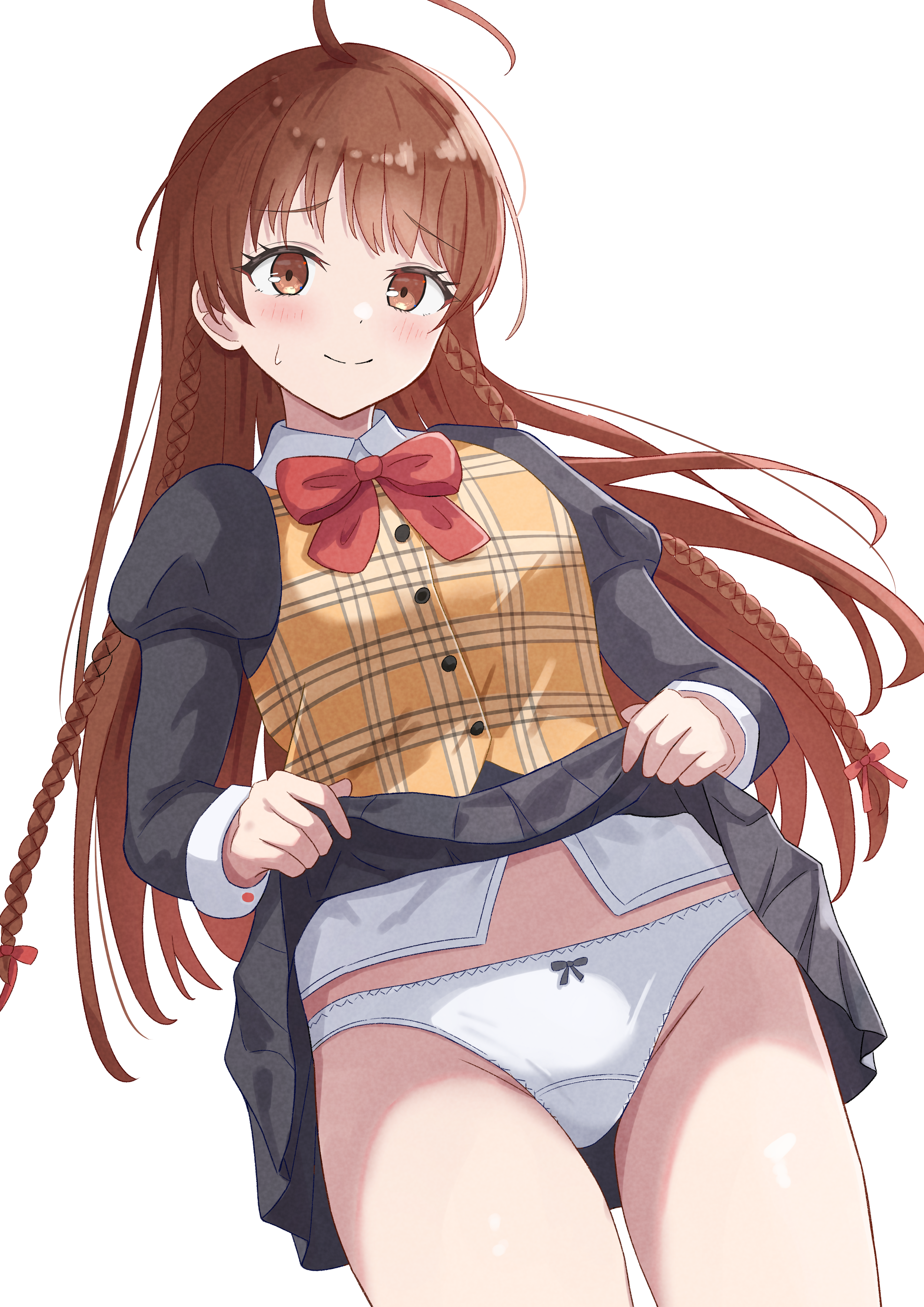 azakura (beniyomogi), karen (sister princess), sister princess, absurdres, commentary request, commission, highres, pixiv commission, variant set, 1girl, ahoge, black shirt, black skirt, blush, bow, bow panties, bowtie, braid, brown eyes, brown hair, brown vest, choppy bangs, closed mouth, clothes lift, cowboy shot, crotch seam, groin, juliet sleeves, lifting own clothes, long hair, long sleeves, looking at viewer, panties, plaid clothes, plaid vest, puffy sleeves, raised inner eyebrows, red bow, red bowtie, shirt, side braids, simple background, skirt, skirt lift, small sweatdrop, smile, solo, split mouth, standing, straight hair, underwear, vest, white background, white panties