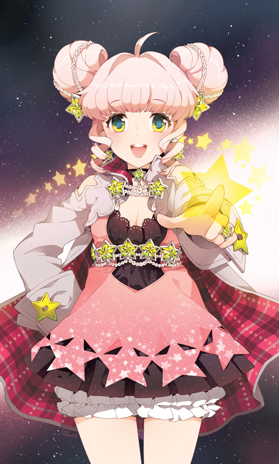 nardack, original, bad id, bad pixiv id, + +, ahoge, bloomers, choker, coat, curly hair, dress, drill hair, earrings, green eyes, hair ornament, jewelry, night, open mouth, pink hair, pointing, ring, short twintails, solo, star (symbol), symbol-shaped pupils, twintails, underwear, yellow eyes