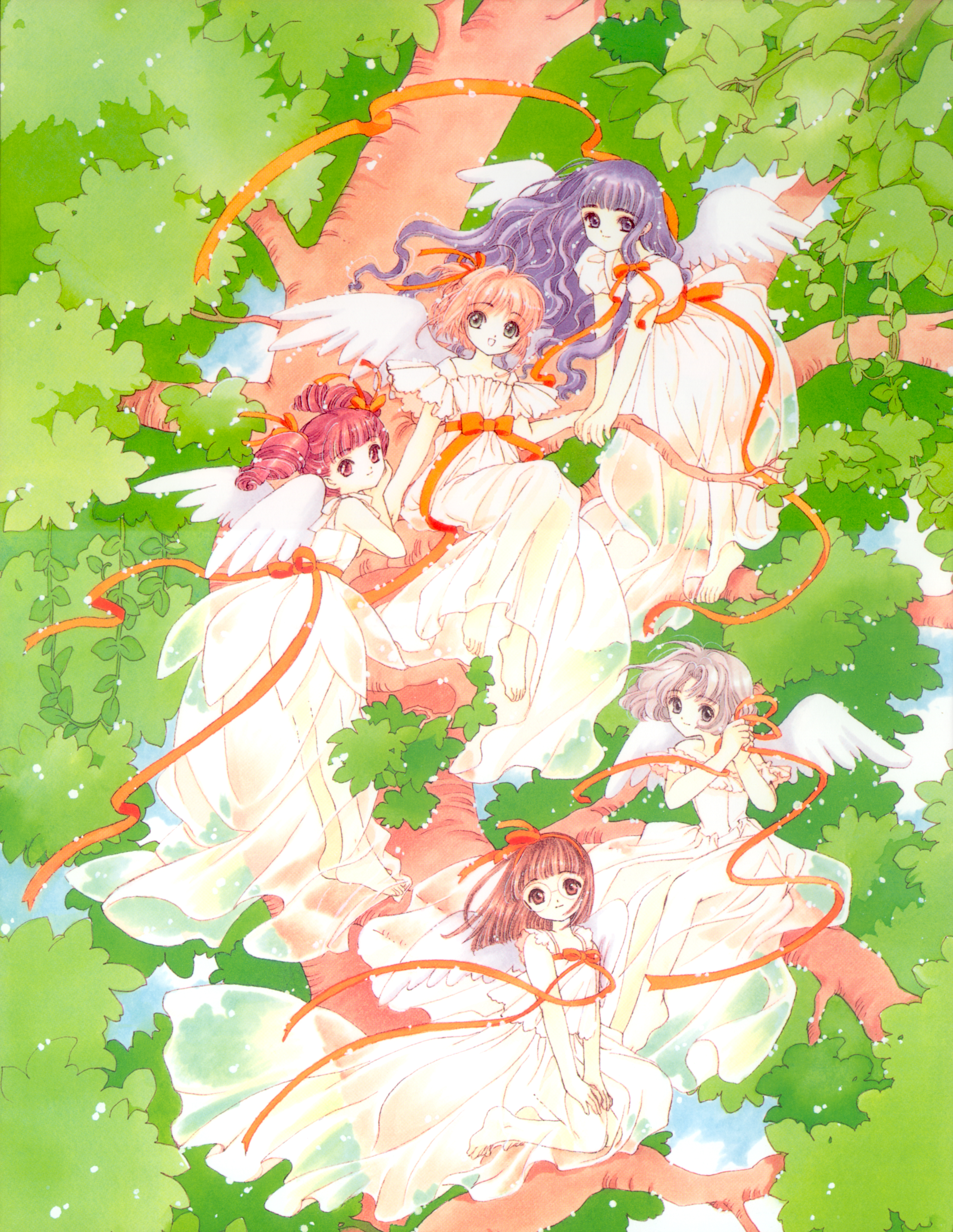 clamp, daidouji tomoyo, kinomoto sakura, mihara chiharu, sasaki rika, yanagisawa naoko, cardcaptor sakura, absurdres, highres, official art, scan, tagme, 1990s (style), 5girls, barefoot, brown hair, child, drill hair, looking at viewer, looking back, multiple girls, outdoors, purple hair, retro artstyle, ribbon, see-through clothes, short hair, smile, tree, twin drills, wings