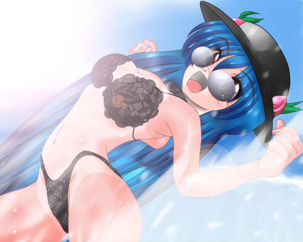 sakuradoori izumi, hinanawi tenshi, touhou, bad id, bad pixiv id, 1girl, arched back, bikini, blue hair, female focus, food, fruit, gradient background, hat, ocean, outdoors, peach, red eyes, sky, solo, sunglasses, swimsuit