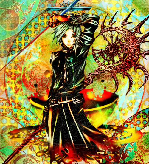 seon, allen walker, d.gray-man, silver hair, uniform, 1boy, colorful, gloves, male focus, short hair, solo, staff