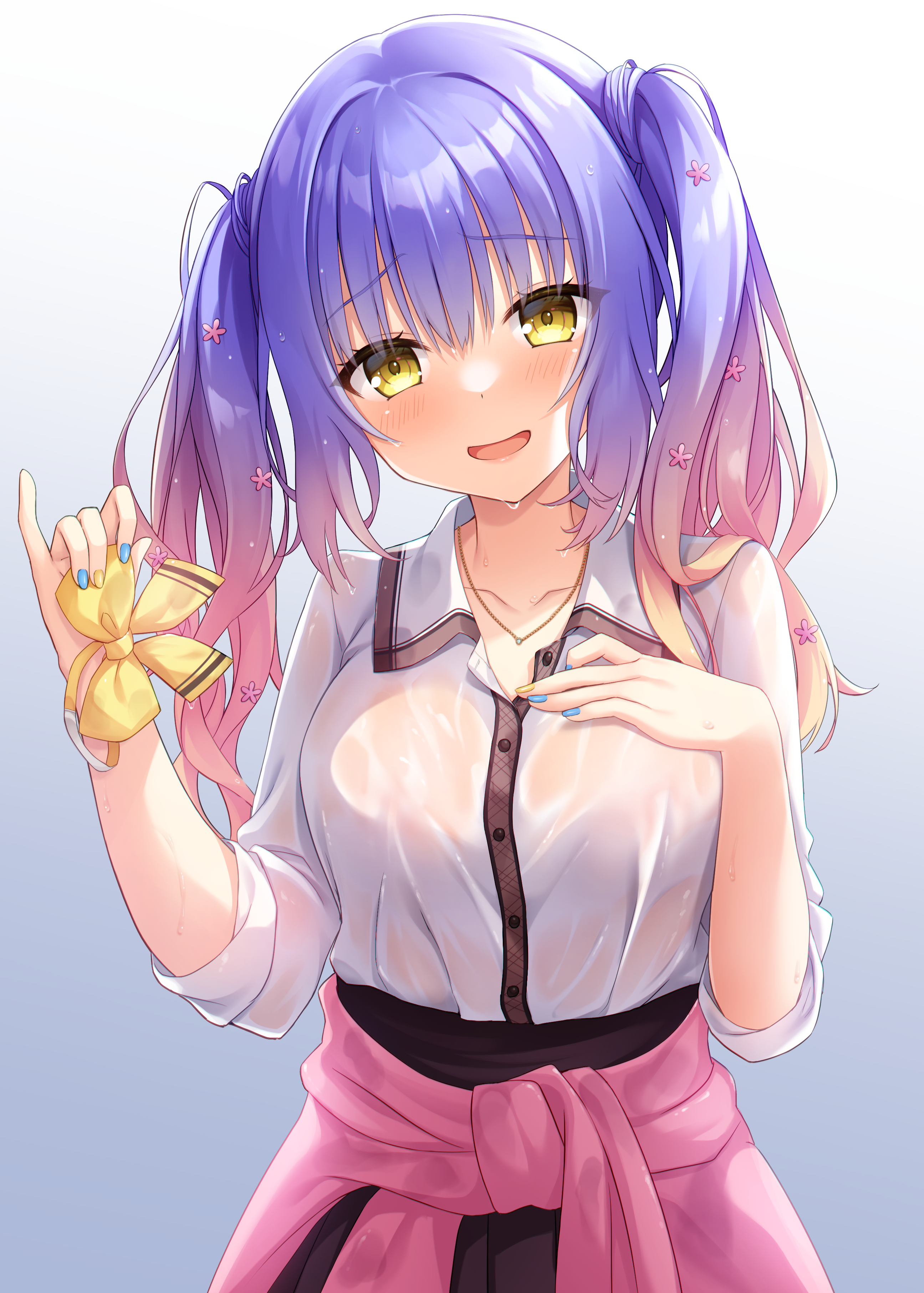 gyaoo yuzu soft, kohibari kurumi, tenshi souzou re-boot!, absurdres, highres, third-party source, variant set, 1girl, :d, blue hair, blue nails, blush, bow, bowtie, breast suppress, breasts, brown skirt, cardigan, cardigan around waist, clothes around waist, collarbone, collared shirt, cowboy shot, eyelashes, eyes visible through hair, gradient hair, grey background, gyaru, hair between eyes, hair over shoulder, hands up, head tilt, high-waist skirt, holding, holding unworn clothes, jewelry, kogal, large breasts, long hair, long sleeves, looking at viewer, mizuka academy school uniform, multicolored hair, multicolored nails, nail polish, necklace, no bra, open mouth, pink hair, pink sweater, pinky out, raised eyebrows, school uniform, see-through clothes, see-through shirt, shirt, sidelighting, simple background, skirt, sleeves rolled up, smile, solo, standing, straight-on, sweater, twintails, twintails with hair base, unworn bowtie, wavy hair, wet, wet clothes, wet hair, wet shirt, white shirt, yellow bow, yellow bowtie, yellow eyes, yellow nails