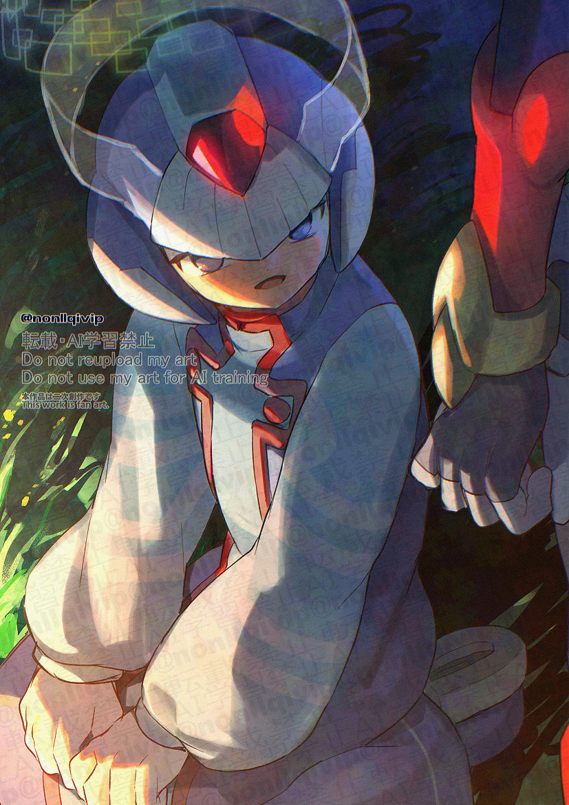 yamanashi taiki, cyber elf x (mega man), x (mega man), zero(z) (mega man), zero (mega man), mega man (series), mega man zero (series), commentary request, 2boys, android, armor, blue eyes, blue helmet, blue robe, forehead jewel, halo, helmet, male focus, multiple boys, open mouth, red armor, robe, seiza, sitting, solo focus, twitter username, watermark