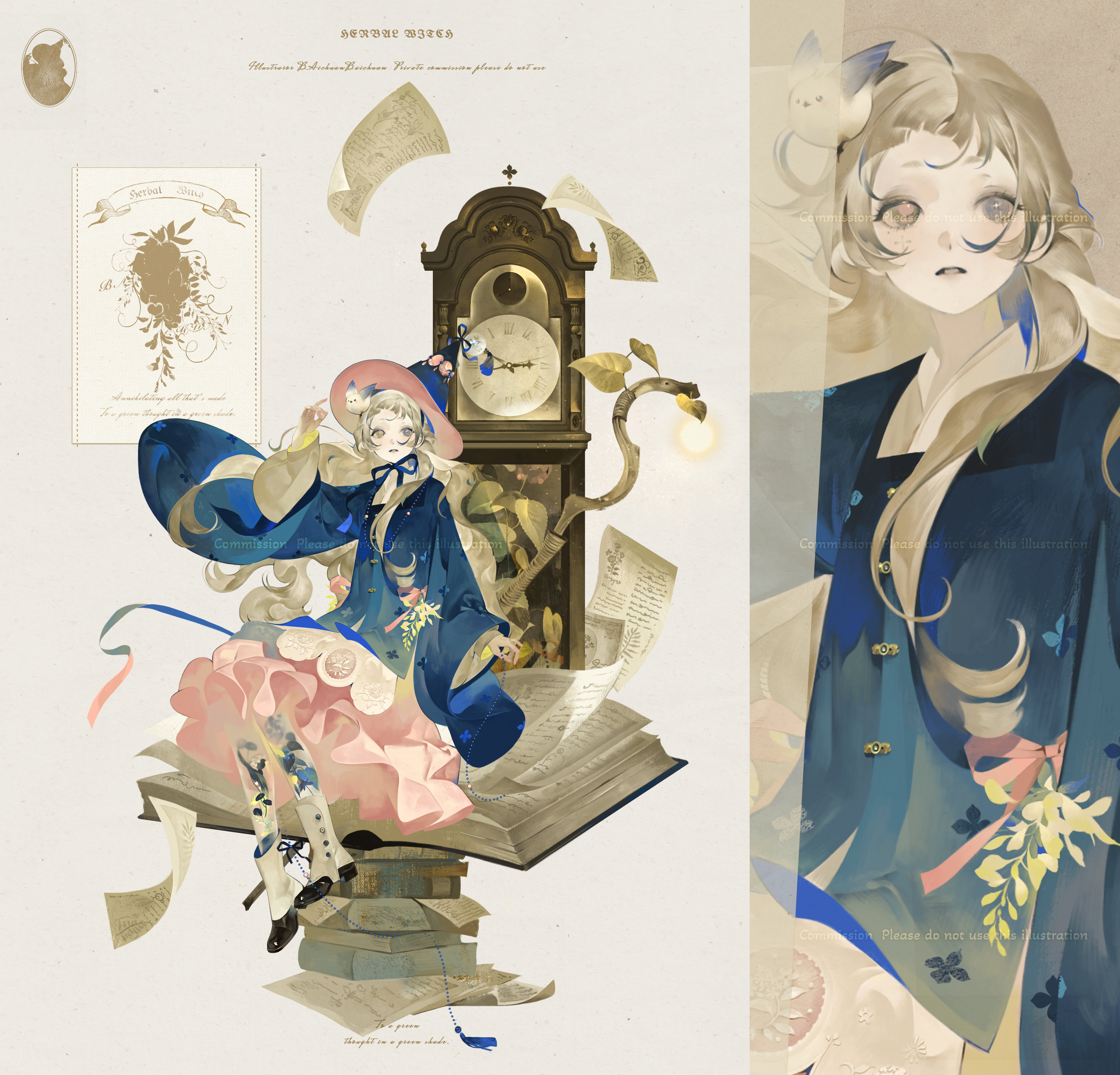 baichuan baichuan, original, absurdres, highres, 1girl, bird, blue bird, blue jacket, blunt bangs, book, book stack, boots, brown hair, clock, dress, eyeshadow, full body, grandfather clock, hand up, hat, heterochromia, jacket, jewelry, layered sleeves, leaf, long hair, long sleeves, makeup, multiple views, necklace, open book, paper, pink dress, wavy hair, wide sleeves, witch hat