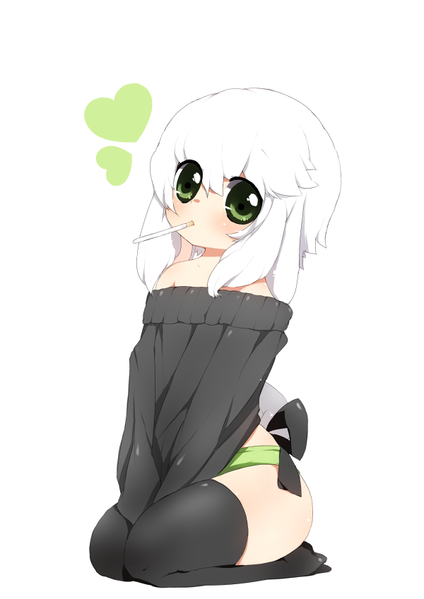 shulliy baudelair, solei, original, bad deviantart id, bad id, 1boy, bow, food, kneeling, male focus, pocky, sitting, solo, thighhighs, trap, white hair