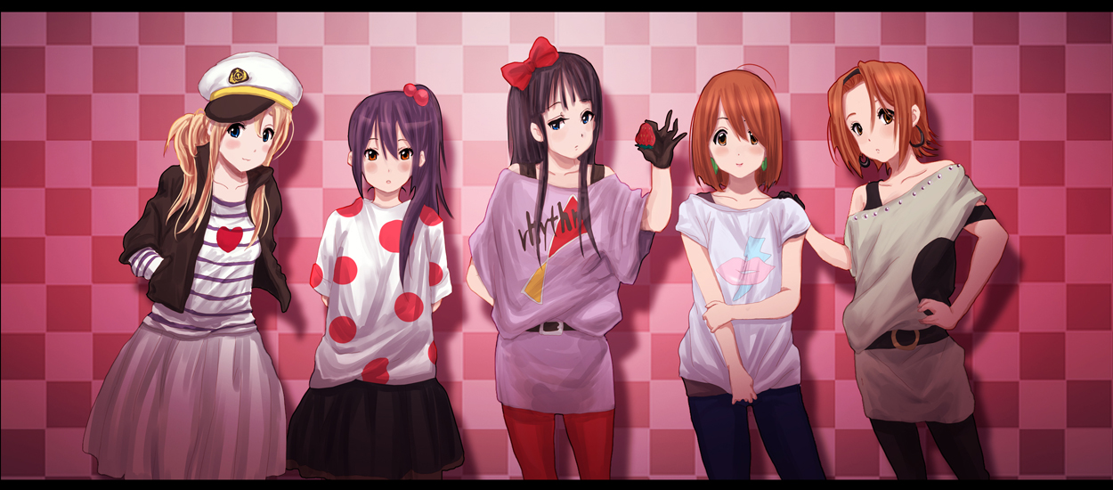 takizaking, akiyama mio, hirasawa yui, kotobuki tsumugi, nakano azusa, tainaka ritsu, k-on!, listen!!, 5girls, black eyes, black hair, blonde hair, blue eyes, brown eyes, brown hair, casual, checkered background, food, fruit, gloves, hands in pockets, hat, ho-kago tea time, long hair, multiple girls, pantyhose, red pantyhose, sailor hat, shirt tug, short hair, side ponytail, strawberry