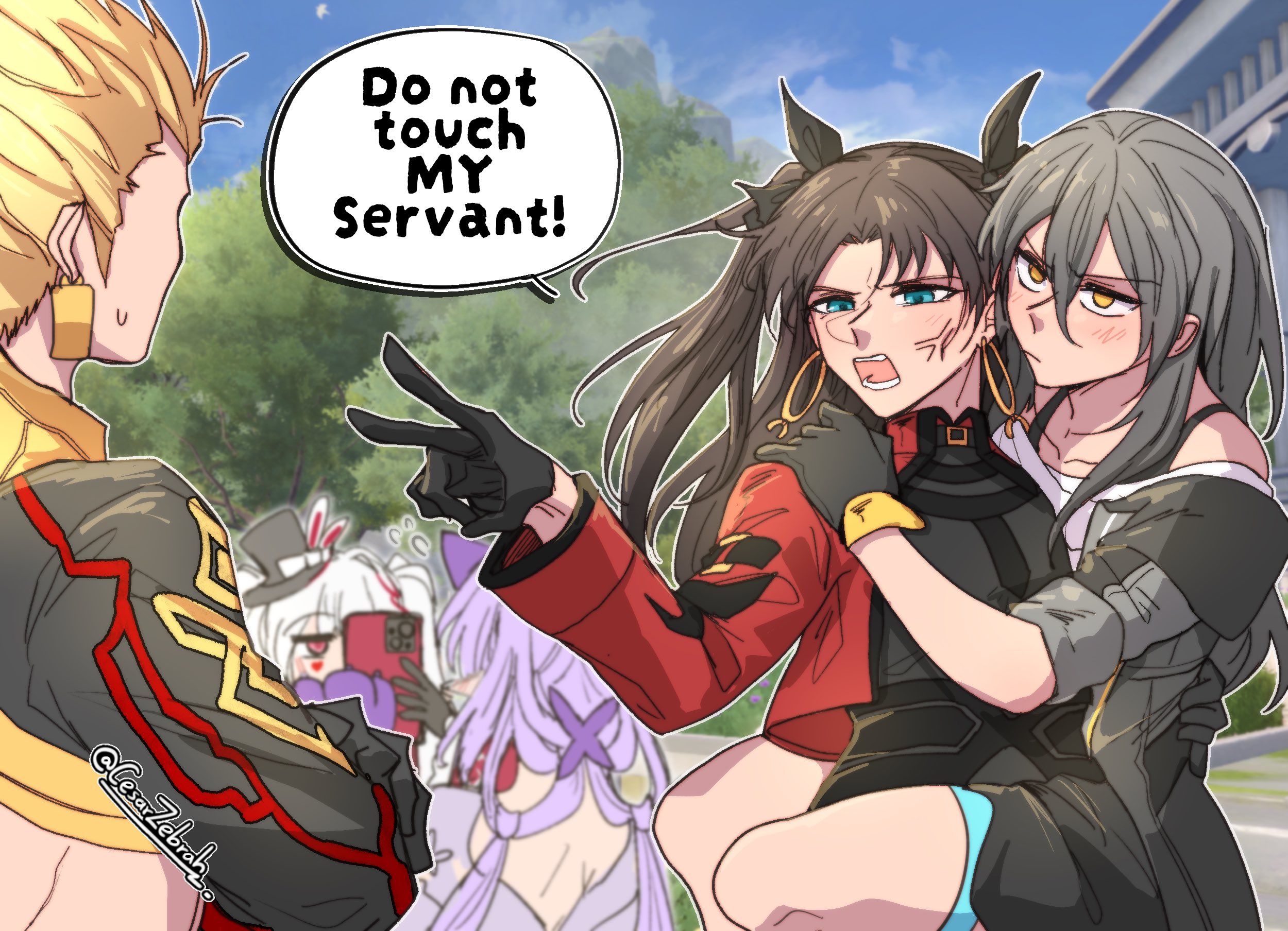 cesar zebrah, castorice (honkai: star rail), gilgamesh (fate), sparkle (honkai: star rail), sparxie (honkai: star rail), stelle (honkai: star rail), tohsaka rin, tohsaka rin (honkai: star rail), trailblazer (honkai: star rail), fate/stay night, fate (series), honkai: star rail, honkai (series), commentary, english commentary, highres, 1boy, 4girls, anger vein, aqua eyes, black gloves, black hair, black hat, black jacket, blonde hair, blue sky, carrying, carrying person, cellphone, cropped jacket, crossed arms, english text, from behind, gilgamesh (honkai: star rail) (fate), gloves, grey hair, hair between eyes, hat, holding, holding phone, jacket, long hair, looking at another, mini hat, multiple girls, outdoors, phone, pointy ears, princess carry, purple hair, red eyes, red jacket, short hair, sky, speech bubble, sweatdrop, top hat, twintails, twitter username, two side up, white hair, yellow eyes