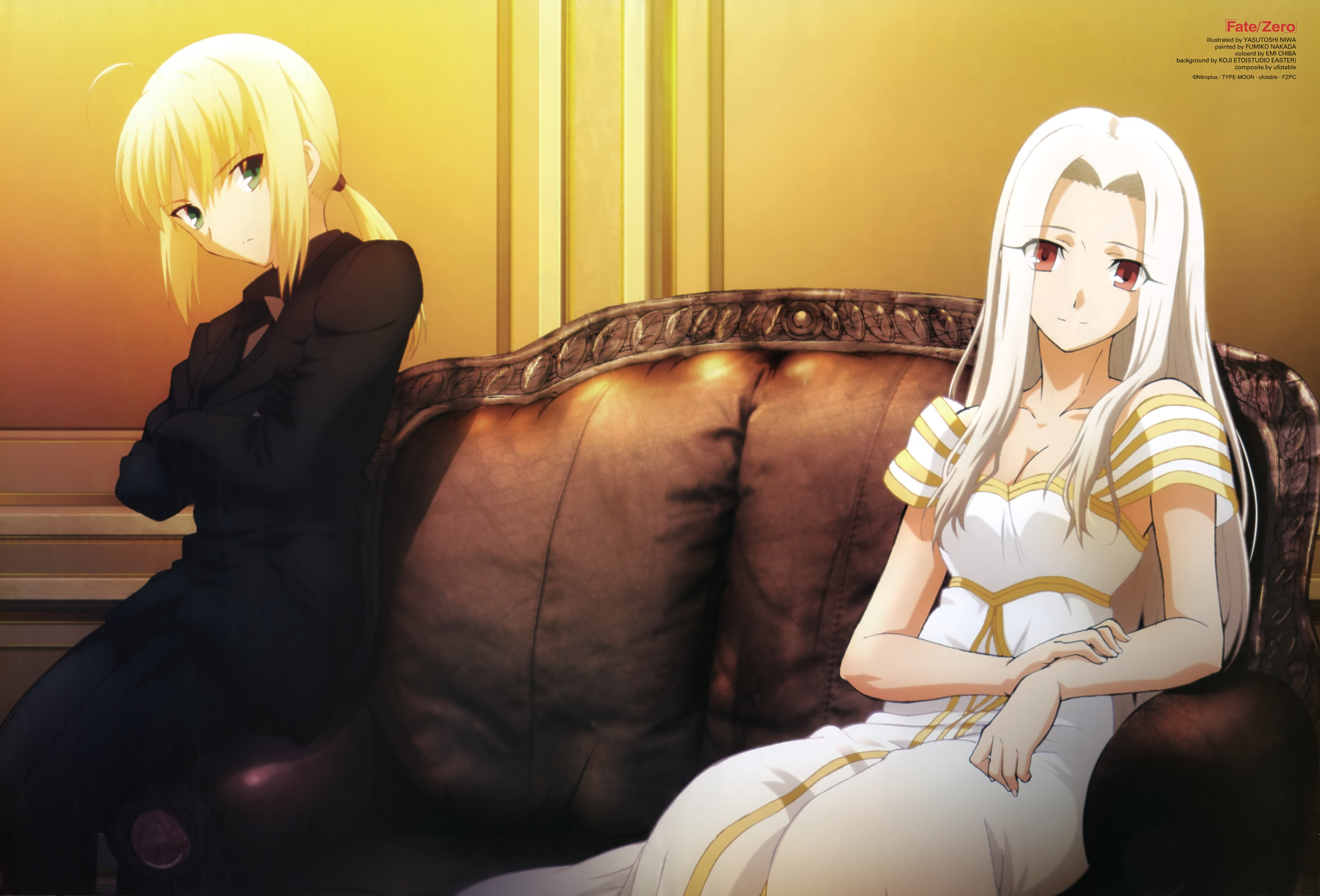 chiba emi, eto koji, nakada fumiko, niwa yasutoshi, artoria pendragon (fate), irisviel von einzbern, irisviel von einzbern (angel's song), saber (fate), fate/stay night, fate/zero, fate (series), newtype, screencap, absurdres, artist collaboration, highres, non-web source, official art, 2girls, ahoge, androgynous, black gloves, blonde hair, breasts, cleavage, formal clothes, gloves, green eyes, long hair, multiple girls, pant suit, pants, ponytail, red eyes, reverse trap, short hair, suit, very long hair, white hair