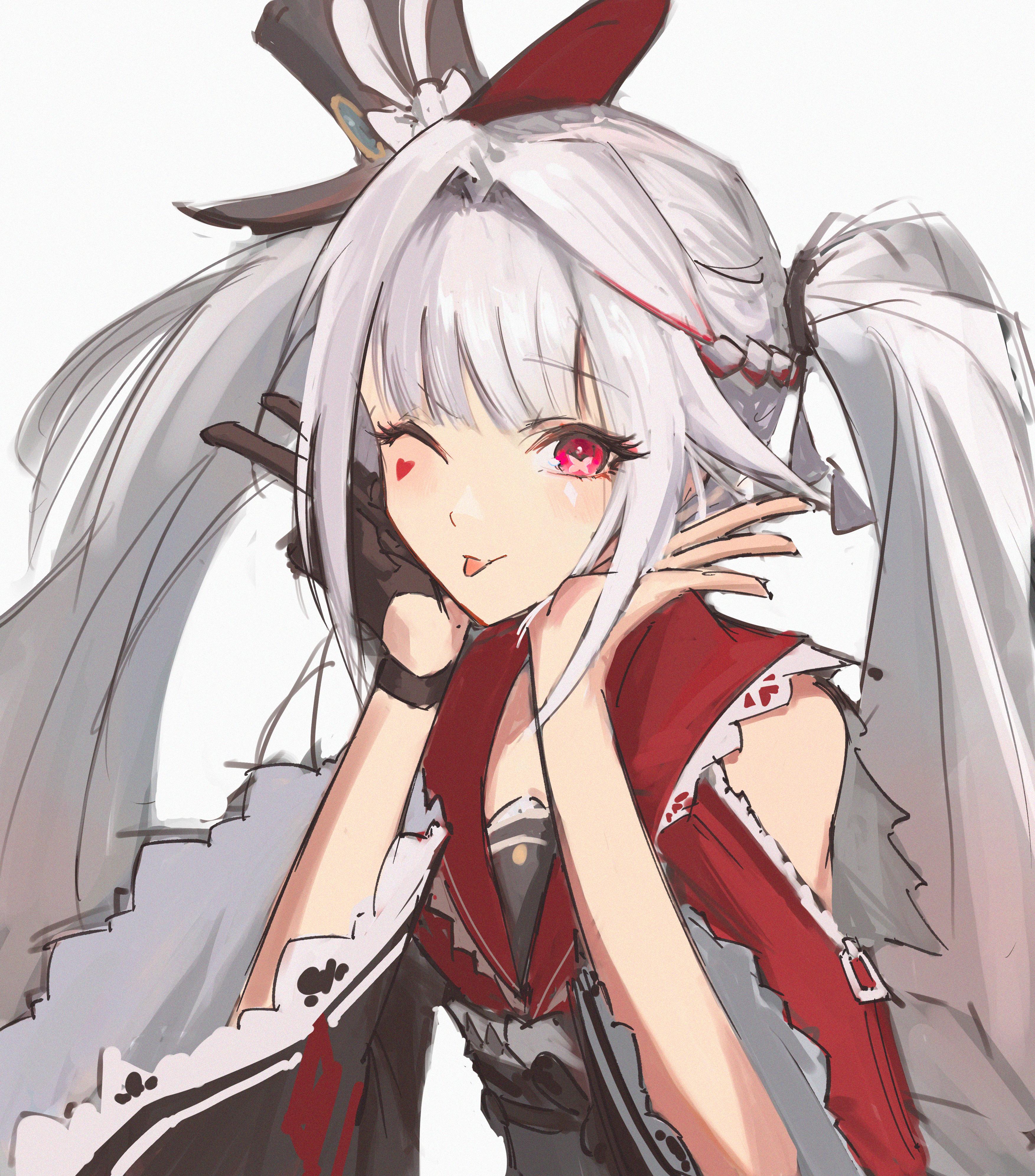 sparkle (honkai: star rail), sparxie (honkai: star rail), honkai: star rail, honkai (series), absurdres, commentary, english commentary, highres, 1girl, bare shoulders, black gloves, black hat, bow, clothing cutout, diamond (shape), diamond facial mark, dress, facial mark, gloves, hair between eyes, hair intakes, hat, hat bow, head rest, heart, heart facial mark, long hair, mark under both eyes, mini hat, mini top hat, nomnomboom, one eye closed, red dress, red eyes, shoulder cutout, simple background, single glove, solo, tongue, tongue out, top hat, twintails, upper body, white background, white bow, white hair