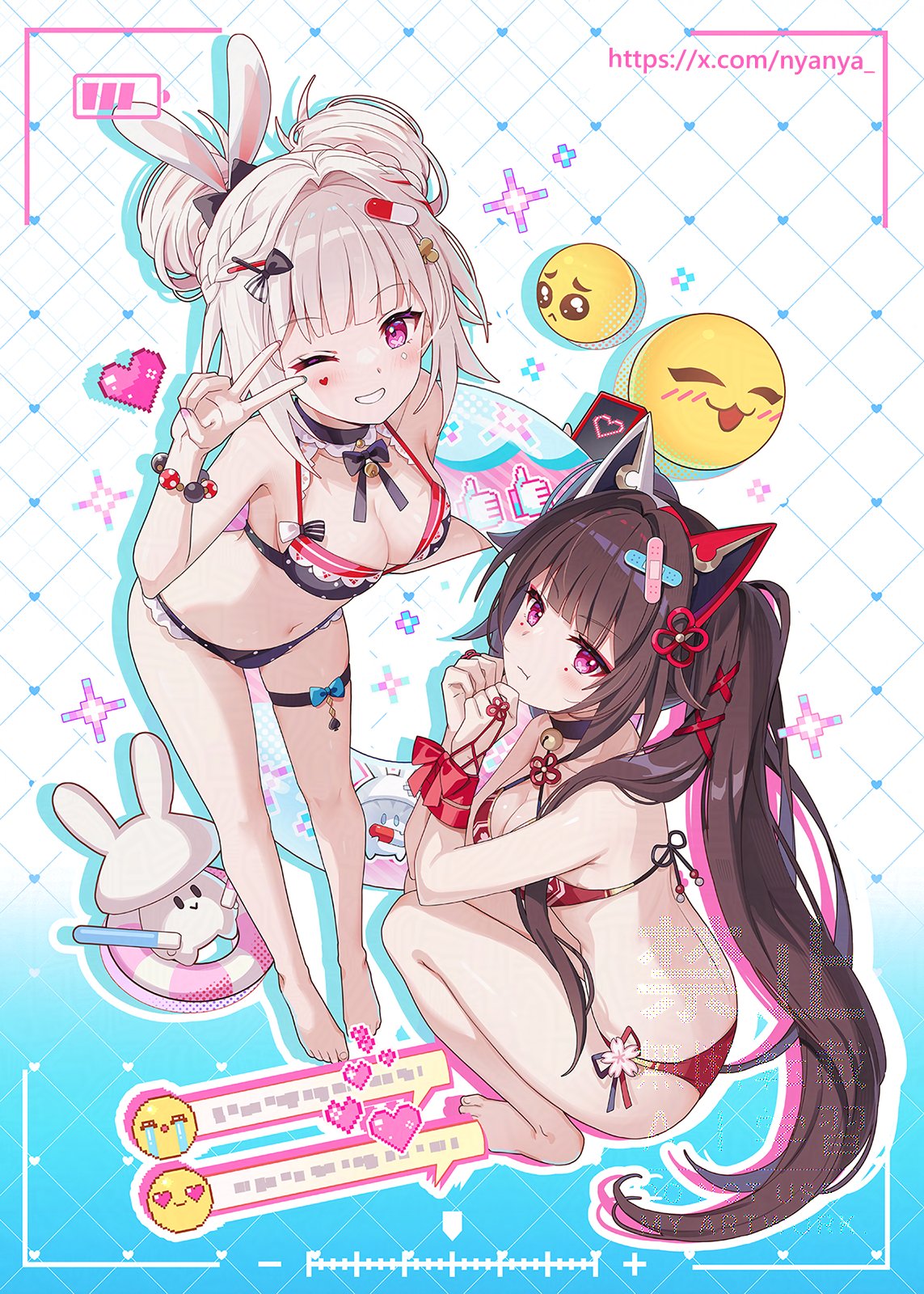 nyanya, sparkle (honkai: star rail), sparxie (honkai: star rail), honkai: star rail, honkai (series), commentary request, highres, 2girls, ;), animal ear hairband, animal ears, ass, back, barefoot, battery indicator, bikini, black bikini, black hair, breasts, cat ear hairband, cat ears, cleavage, dual persona, emoji, fake animal ears, feet, hairband, heart, long hair, looking at viewer, medium breasts, midriff, multiple girls, navel, one eye closed, pout, purple eyes, recording, red bikini, smile, squatting, swimsuit, toes, twintails, v, very long hair, white hair