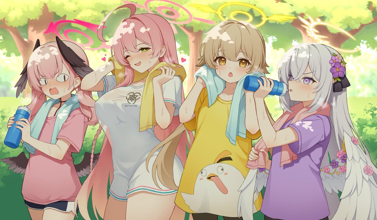 chelly (glisten chelly), azusa (blue archive), hanako (blue archive), hifumi (blue archive), koharu (blue archive), peroro (blue archive), blue archive, commentary, <|> <|>, 4girls, :d, :o, ;d, ahoge, alternate costume, bare arms, black wings, blush, bottle, braid, breasts, brown hair, bush, covered erect nipples, day, feathered wings, flat chest, flower, green eyes, hair between eyes, hair flower, hair ornament, halo, head wings, heart, holding, holding bottle, large breasts, long hair, looking at viewer, low wings, make-up work club (blue archive), multiple girls, nose blush, one eye closed, open mouth, outdoors, pink hair, pink halo, pink shirt, plastic bottle, purple eyes, purple shirt, see-through clothes, see-through shirt, see-through silhouette, shirt, short shorts, short sleeves, shorts, smile, sweat, towel, towel around neck, tree, trinity general school logo, twintails, wet, wet clothes, wet shirt, white hair, white shirt, white wings, wings, yellow halo, yellow shirt