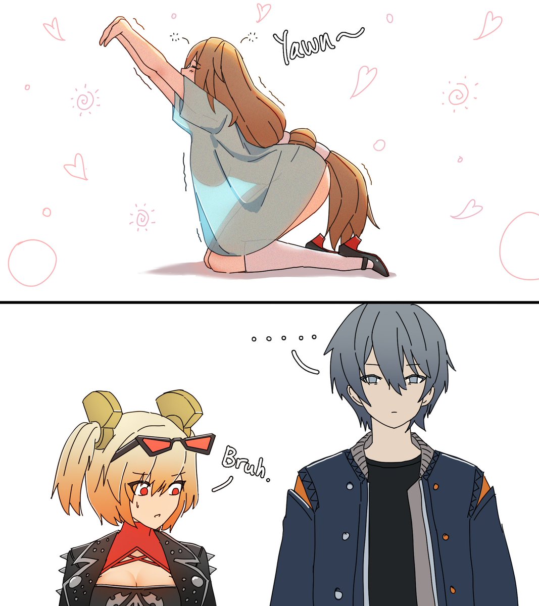 dorahdew, alexandrina sebastiane, burnice white, wise (zenless zone zero), zenless zone zero, commentary, english commentary, highres, …, 1boy, 2girls, black jacket, black shirt, blonde hair, breasts, cleavage, comic, english text, eyewear on head, grey hair, hair between eyes, heart, implied erection, jacket, large breasts, long hair, looking at penis, looking down, multiple girls, naked shirt, red eyes, see-through clothes, see-through shirt, see-through silhouette, shirt, short hair, stretching, sunglasses, tinted eyewear, twintails, very long hair, white background, yawning