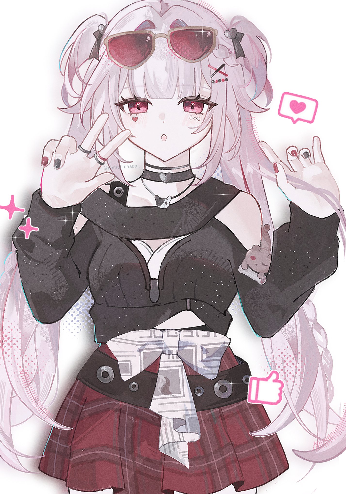 nemui naaaa, sparkle (honkai: star rail), sparxie (candy-coated waves) (honkai: star rail), sparxie (honkai: star rail), honkai: star rail, honkai (series), commentary, highres, 1girl, :o, black shirt, blunt bangs, breasts, cowboy shot, eyewear on head, facial mark, hair ornament, hands up, heart, heart facial mark, heart in eye, jewelry, long sleeves, looking at viewer, medium breasts, miniskirt, multicolored nails, official alternate costume, official alternate hairstyle, parted lips, pink eyes, red skirt, ring, shirt, sidelocks, skirt, solo, sparkle, spoken heart, standing, sunglasses, symbol in eye, twintails, twitter username, two side up, w, white hair, x hair ornament