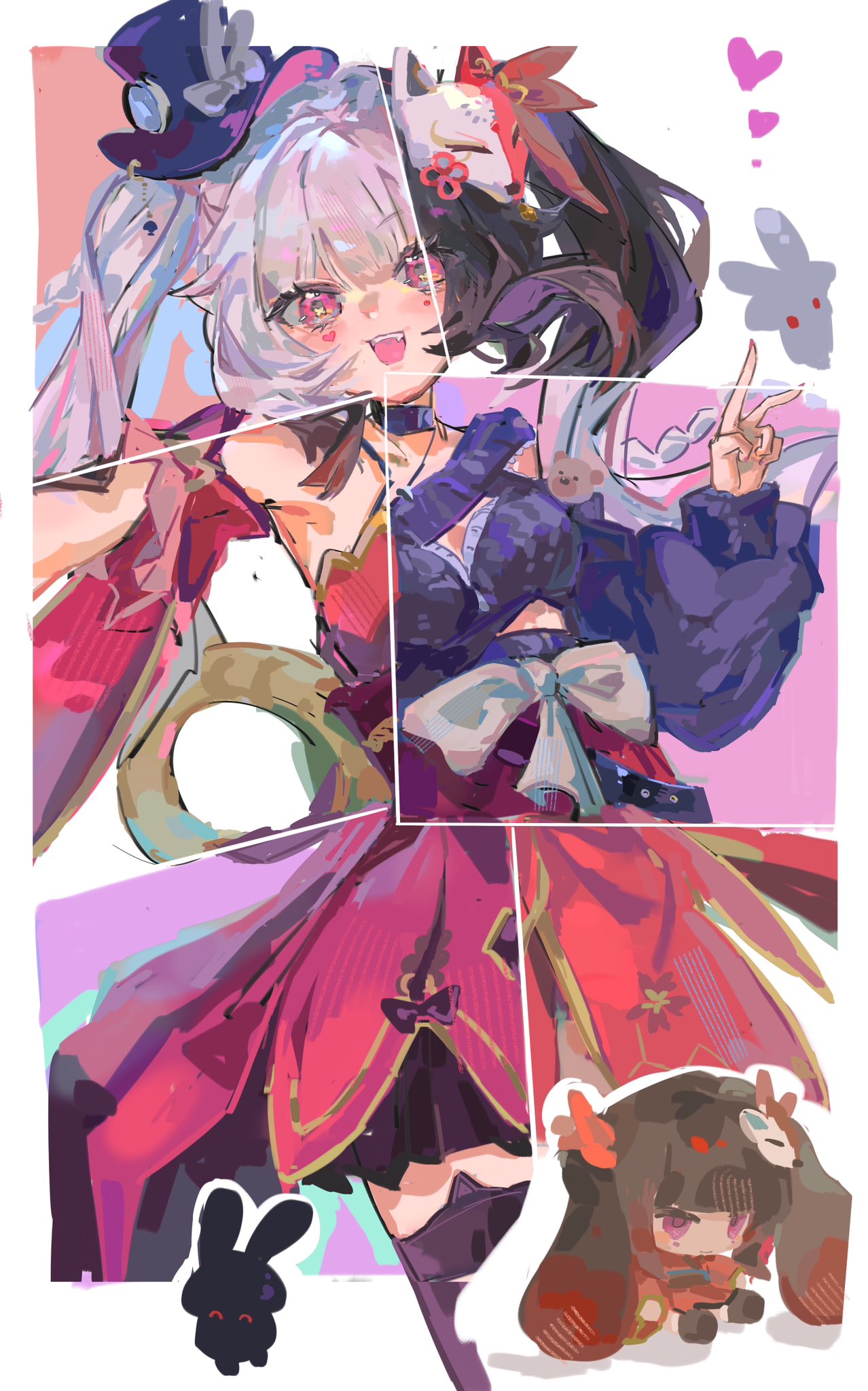 sparkle (doll) (honkai: star rail), sparkle (fictitious game) (honkai: star rail), sparkle (honkai: star rail), sparxie (candy-coated waves) (honkai: star rail), sparxie (honkai: star rail), honkai: star rail, honkai (series), honkai impact 3rd, chinese commentary, commentary request, highres, 1girl, :d, animal ear legwear, black choker, black hair, black thighhighs, blush, cat ear legwear, character doll, choker, detached sleeves, doll, dress, facial mark, fox mask, hand up, head tilt, heart, heart facial mark, long sleeves, looking at viewer, mask, mask on head, open mouth, pink eyes, simple background, smile, solo, symbol in eye, thighhighs, v, white background, youyang344019
