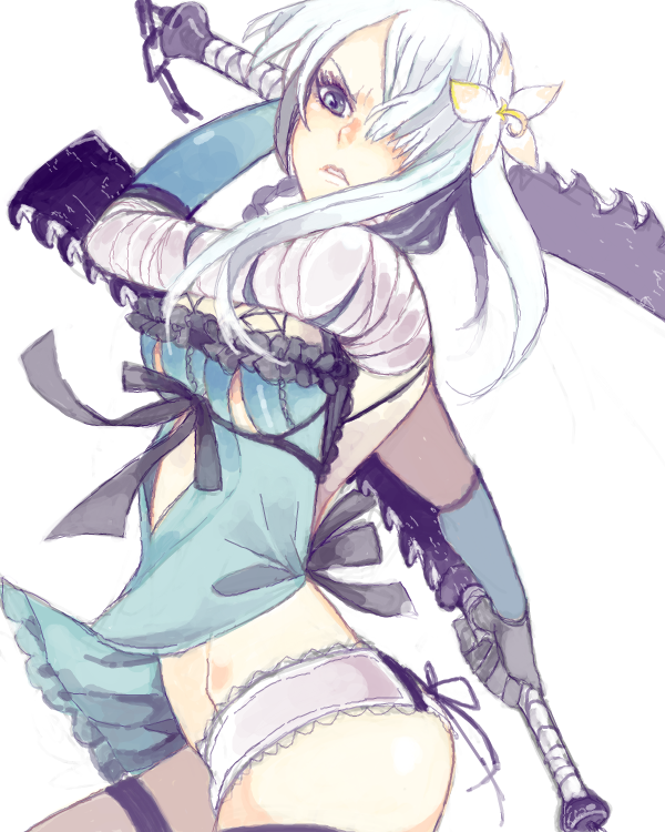 negi (loveyr), kaine (nier), nier, nier (series), 1girl, bandages, blue eyes, breasts, dual wielding, elbow gloves, female focus, flower, frills, gloves, hair flower, hair ornament, holding, lingerie, long hair, medium breasts, negligee, panties, ribbon, short hair, solo, sword, underwear, weapon, white hair, white panties